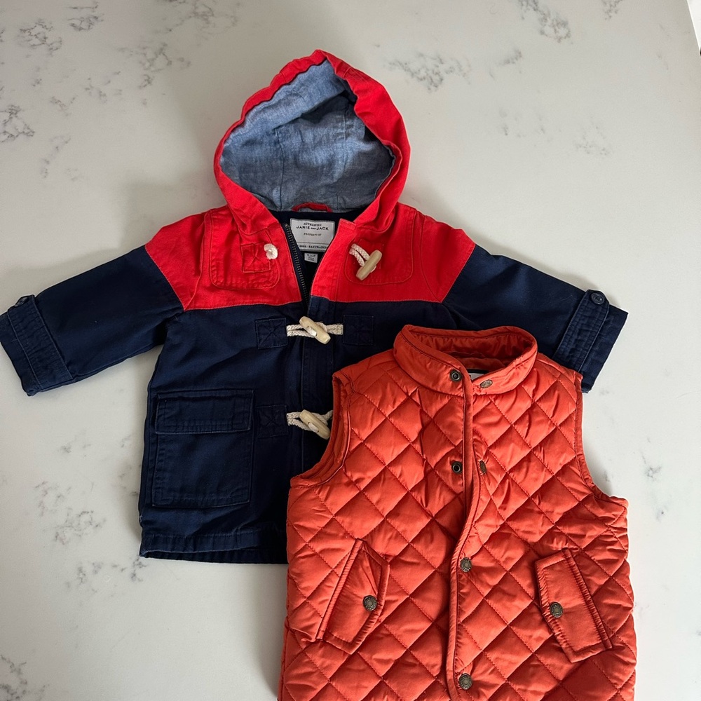 Janie and Jack Baby Red and Navy Hooded Jacket and Orange Quilted Vest Bundle.